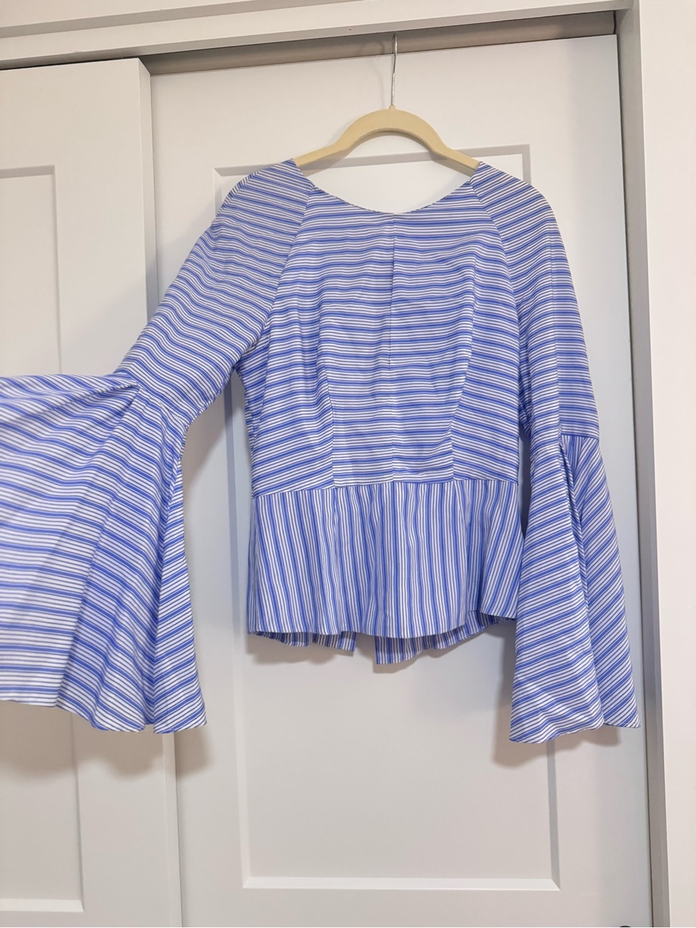 Milly Silk Striped Light Blue Bell-Sleeve Peplum Blouse